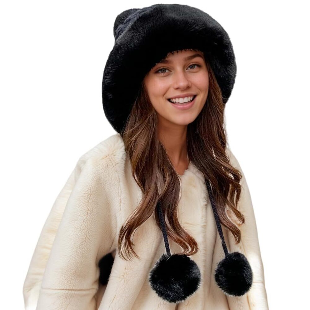 5943 Winter Pompom Beanie Hats Fluffy Knit Skull Cap Faux Fur Crochet Warm